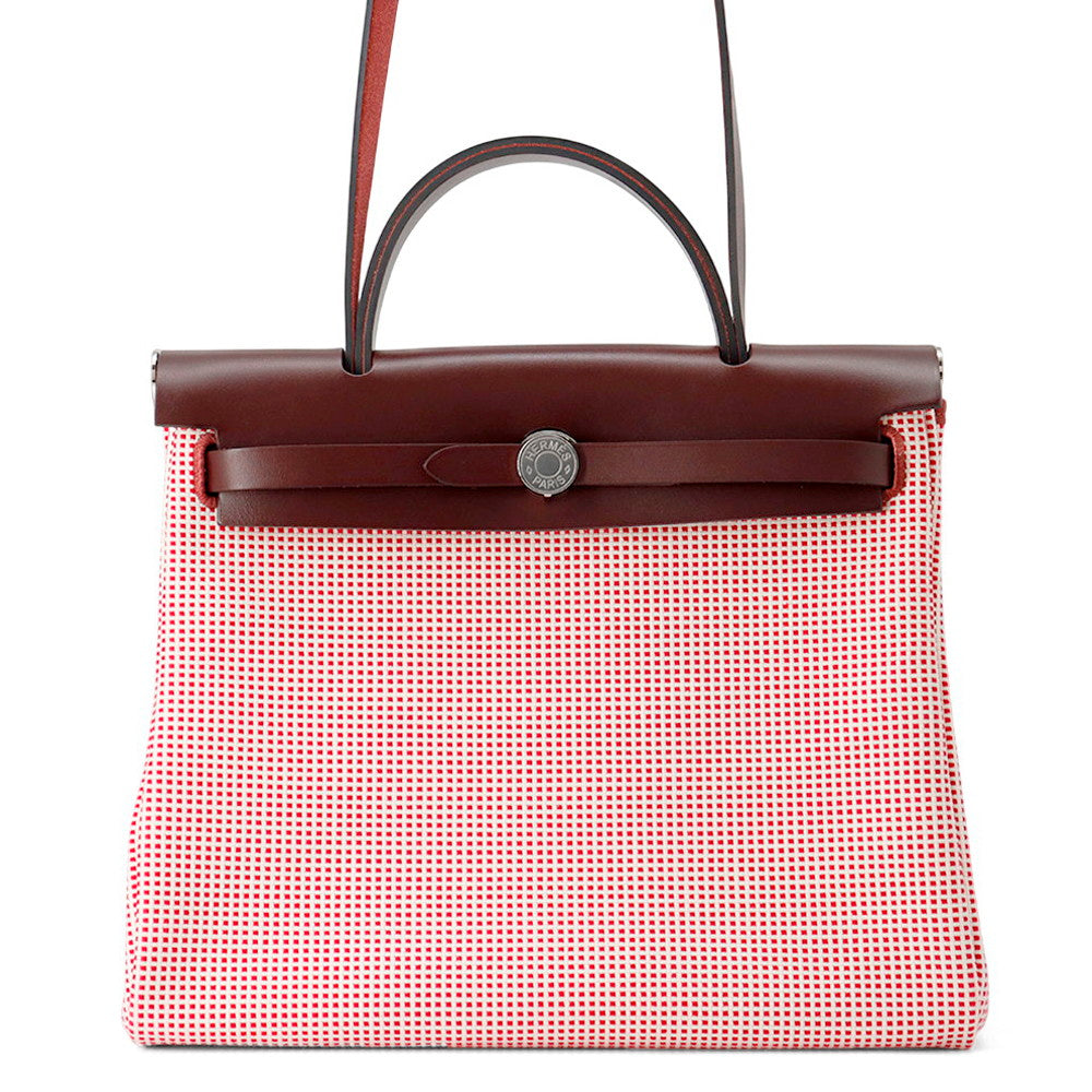HERMES Herbag Zip Le Tourne Framboise/Rouge H/White Vache Hunter Leather Toile Cadrille Size PM
