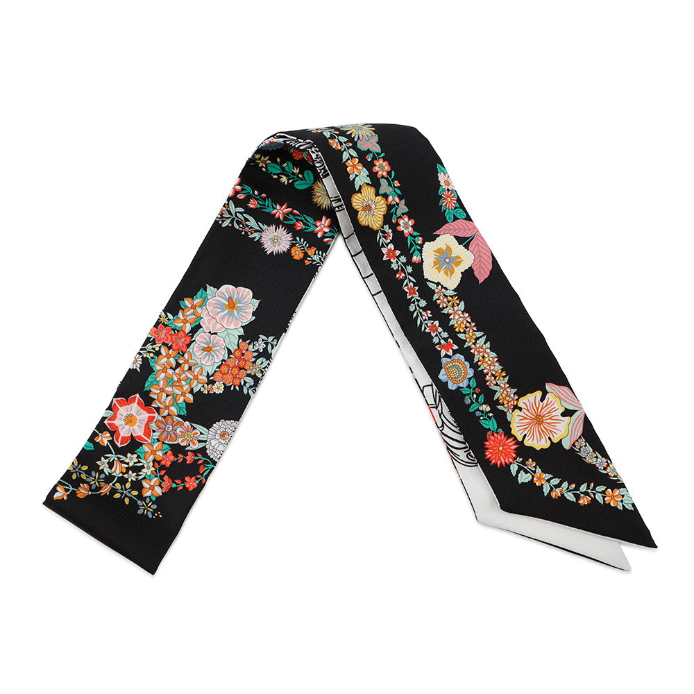 HERMES Twilly Brides de Gala en Fleurs & Eyeliner, Spring/Summer 2025 Black/Multicolor/White Silk100%