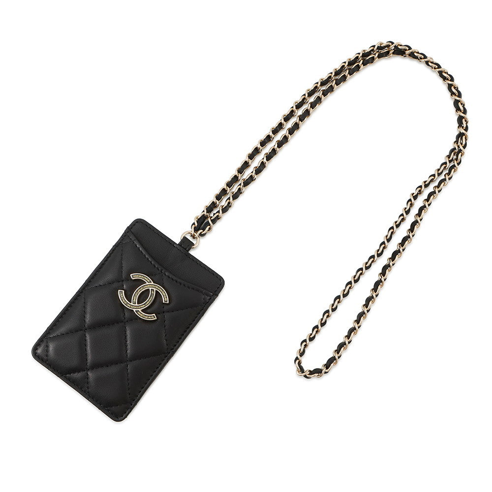 CHANEL ★Matelasse CC Logo Chain strap Card Case BlackA01745 Lambskin
