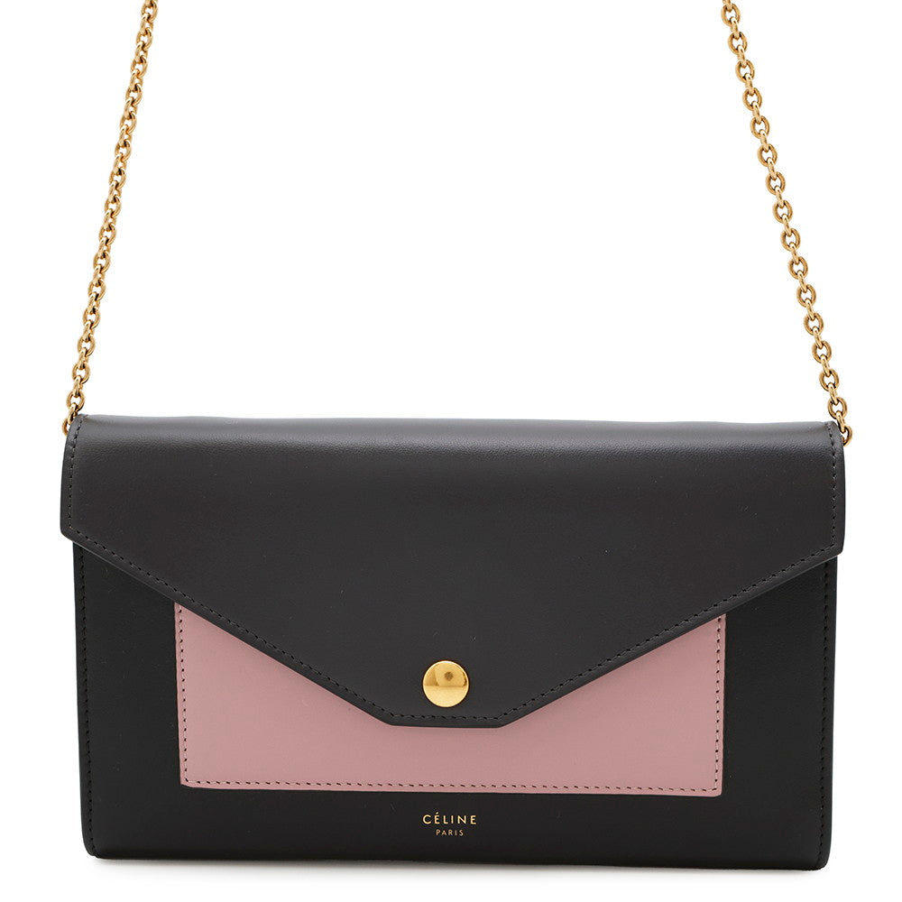 CELINE Pocket Large Flap Chain Wallet Black/Pink105213 Leather