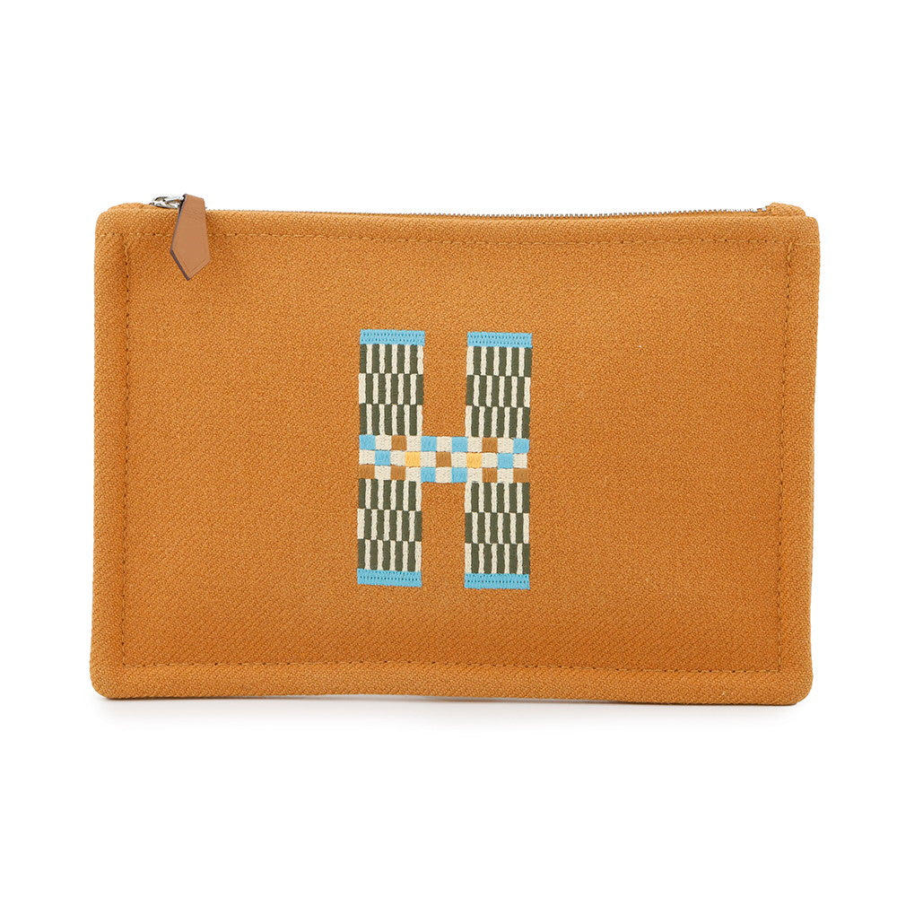 HERMES Flat Pouch H Natte Cognac Wool 100% Size PM