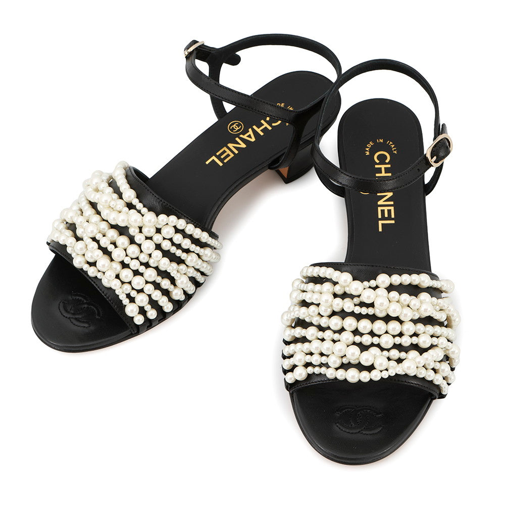 CHANEL CC Logo Faux Pearl Sandals BlackG32699 Leather Faux Pearl Size 38