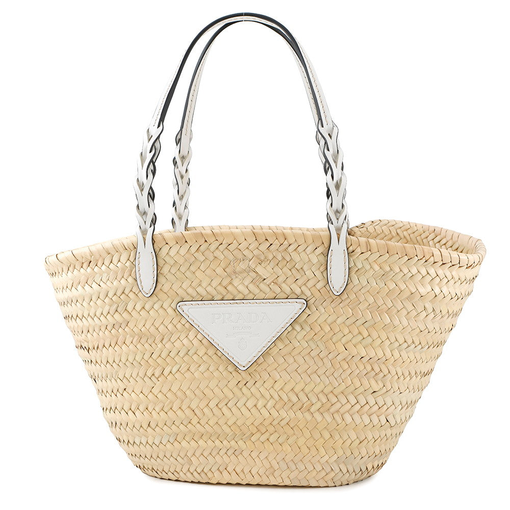 PRADA Woven Palm Triangle Logo Basket Bag Natural/White1BG314 Straw Leather