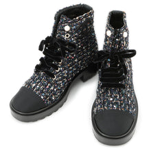 Load image into Gallery viewer, CHANEL CC Logo lace-up short boots Black/MulticolorG35154 Tweed Leather Faux Pearl Size 38H
