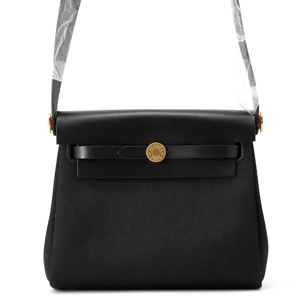 HERMES ★Herbag Zip Black Toile Military Vache Hunter Leather Size Mini