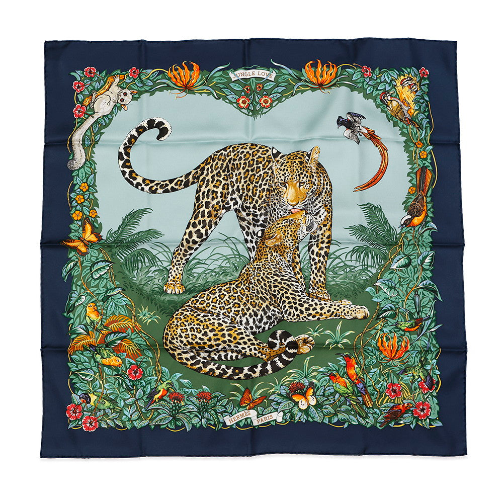HERMES Carre Jungle Love Size 90 Marine/Vert/Orange Silk100%
