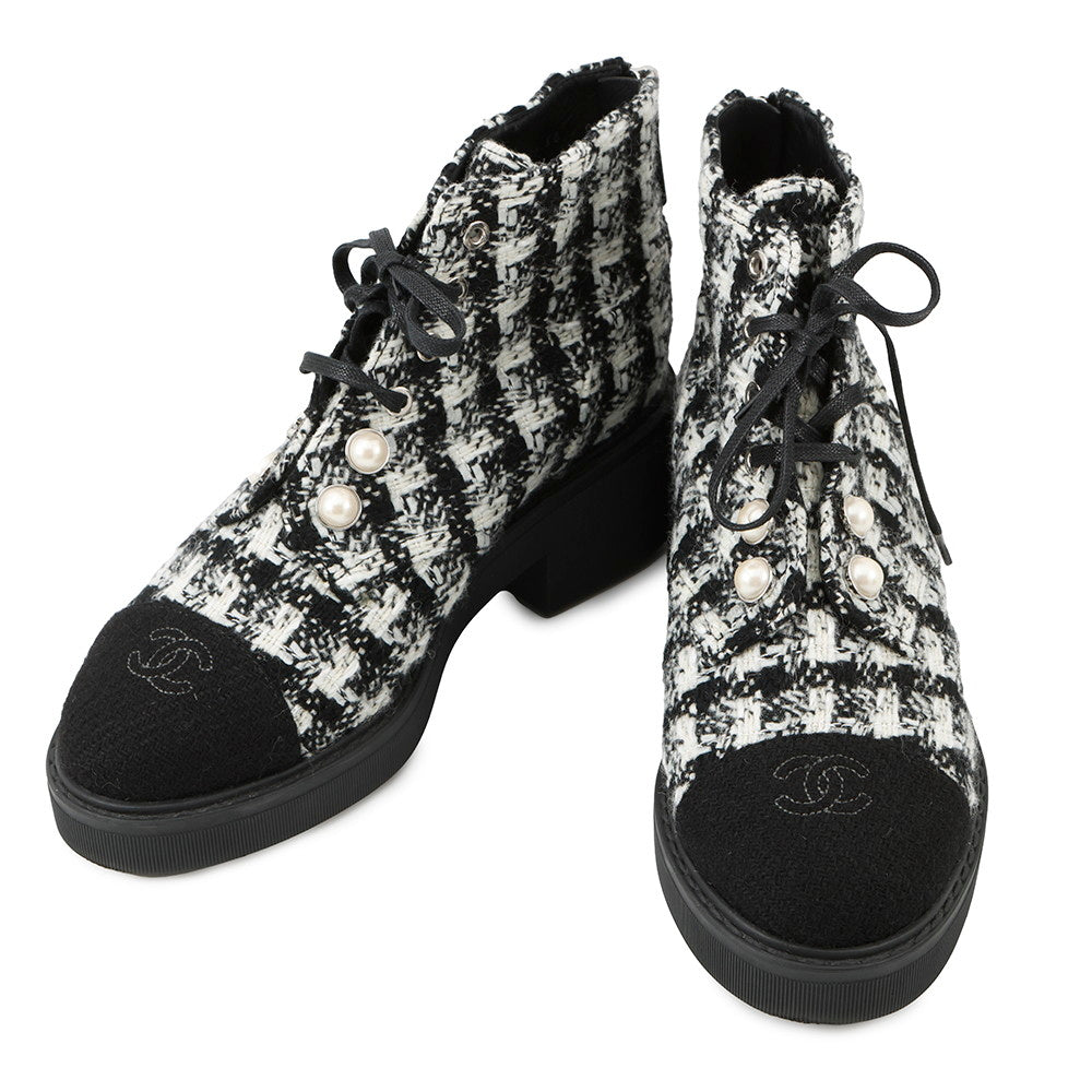 CHANEL short boots Black/WhiteG33823 Tweed Faux Pearl Size 38