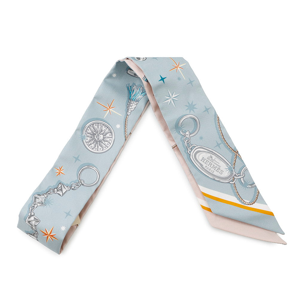HERMES Twilly C'est la Fête Blue Gacier/Rose Poudre/Gray Silk100%