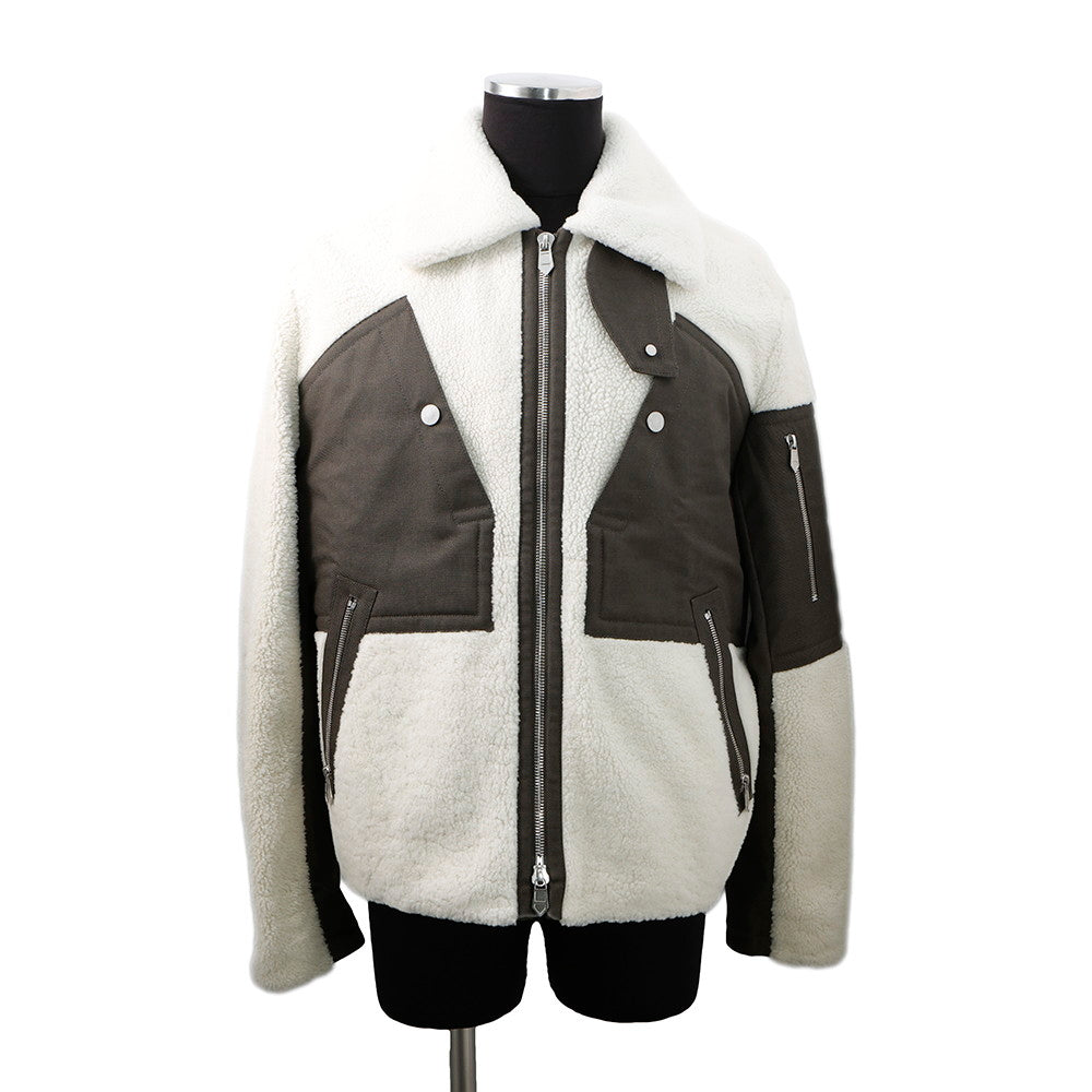 HERMES Mouton Boa Zip-Up Jacket Size 46 Ivory/Khaki Polyamide Cotton