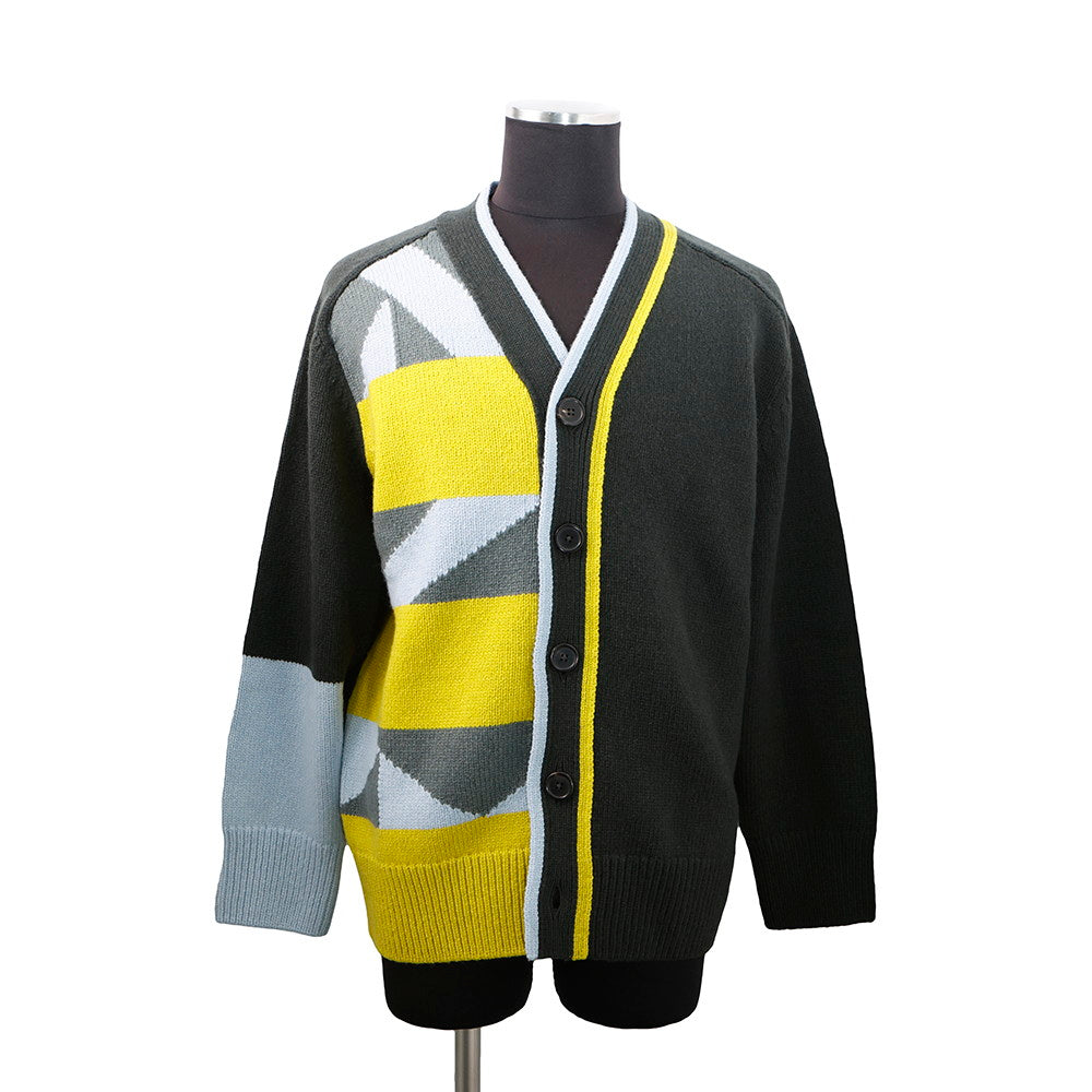 HERMES Tangram Striped Cardigan Size XL Yellow/Green/Blue Cashmere100%