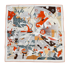 将图像加载到图库查看器中，HERMES Carre CA DECOIFFE Sa Decowaf Size 90 White/Gris/Orange Silk100%
