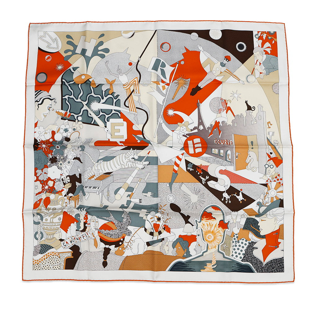 HERMES Carre CA DECOIFFE Sa Decowaf Size 90 White/Gris/Orange Silk100%