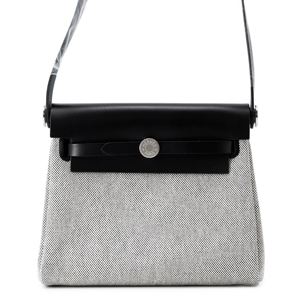 HERMES Herbag zip Ecru/Black Toile Military Vache Hunter Leather Size Mini