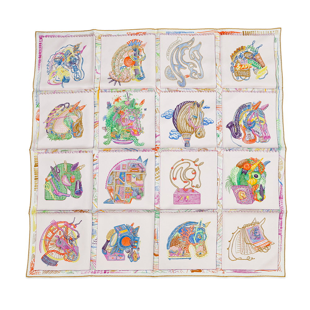 HERMES Scarf Carre Chevaloscope Size 90 Rose Nakl / Vert / Multicolor Silk 100%