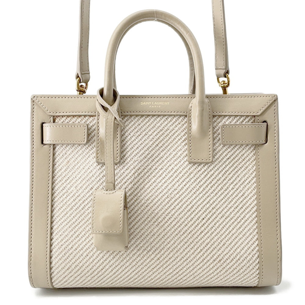 SAINT LAURENT PARIS Jour Beige/Ivory400632 Calf Leather Cotton Linen Size Nano