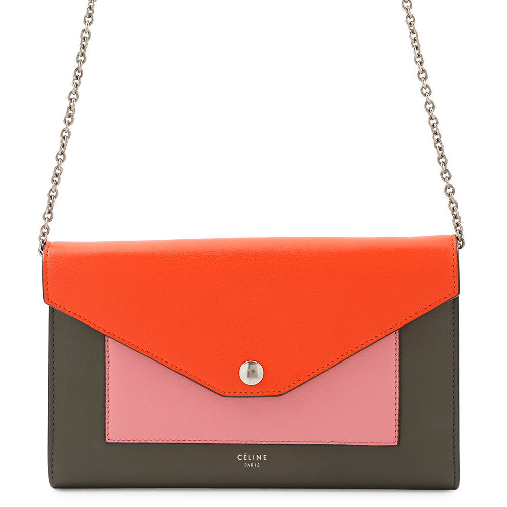 CELINE Pocket Large Flap Chain Wallet Gray/Orange/Pink105213 Leather