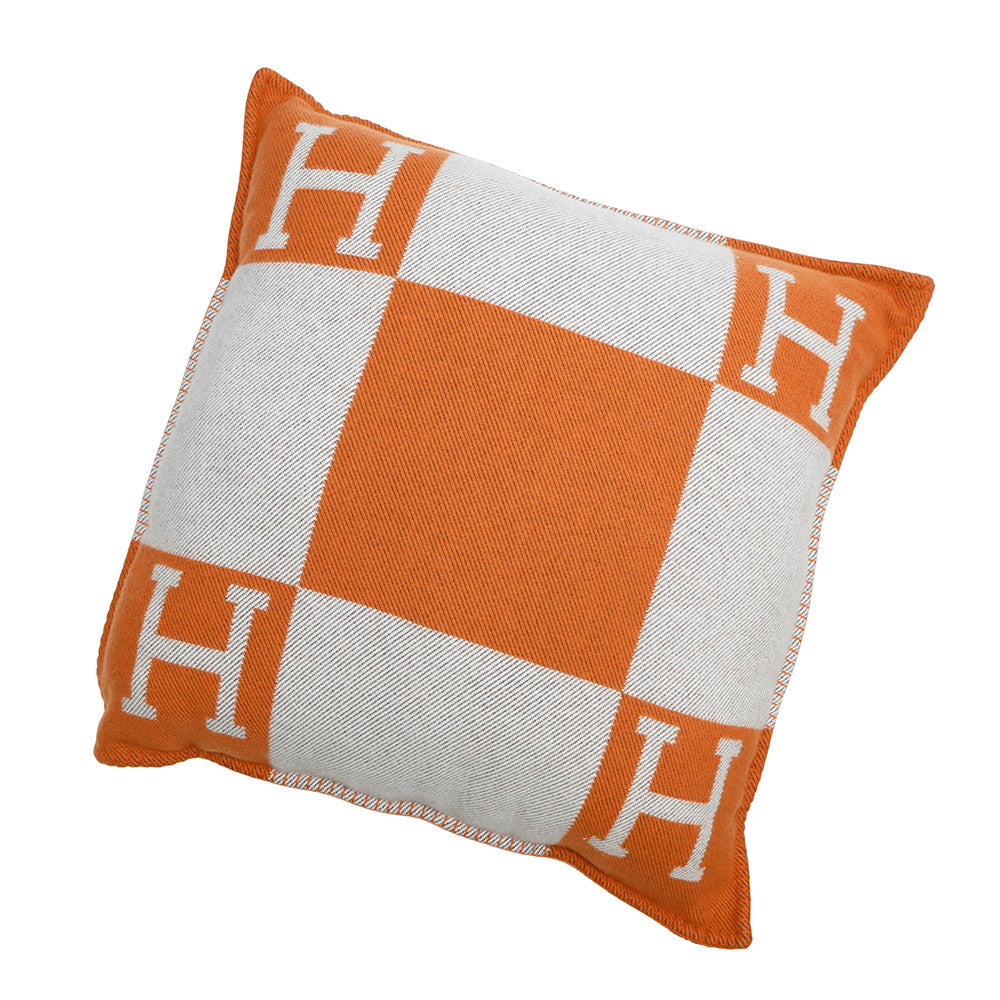 HERMES Avalon Cushion Ecru / Potiron Orange Wool 90% Cashmere10% Size GM