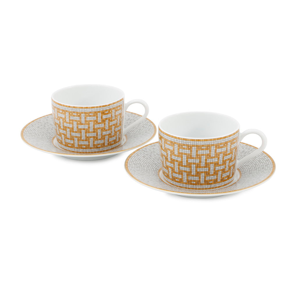 HERMES Mosaique24 Teacup & Saucer Set of 2 White/Gold Porcelain