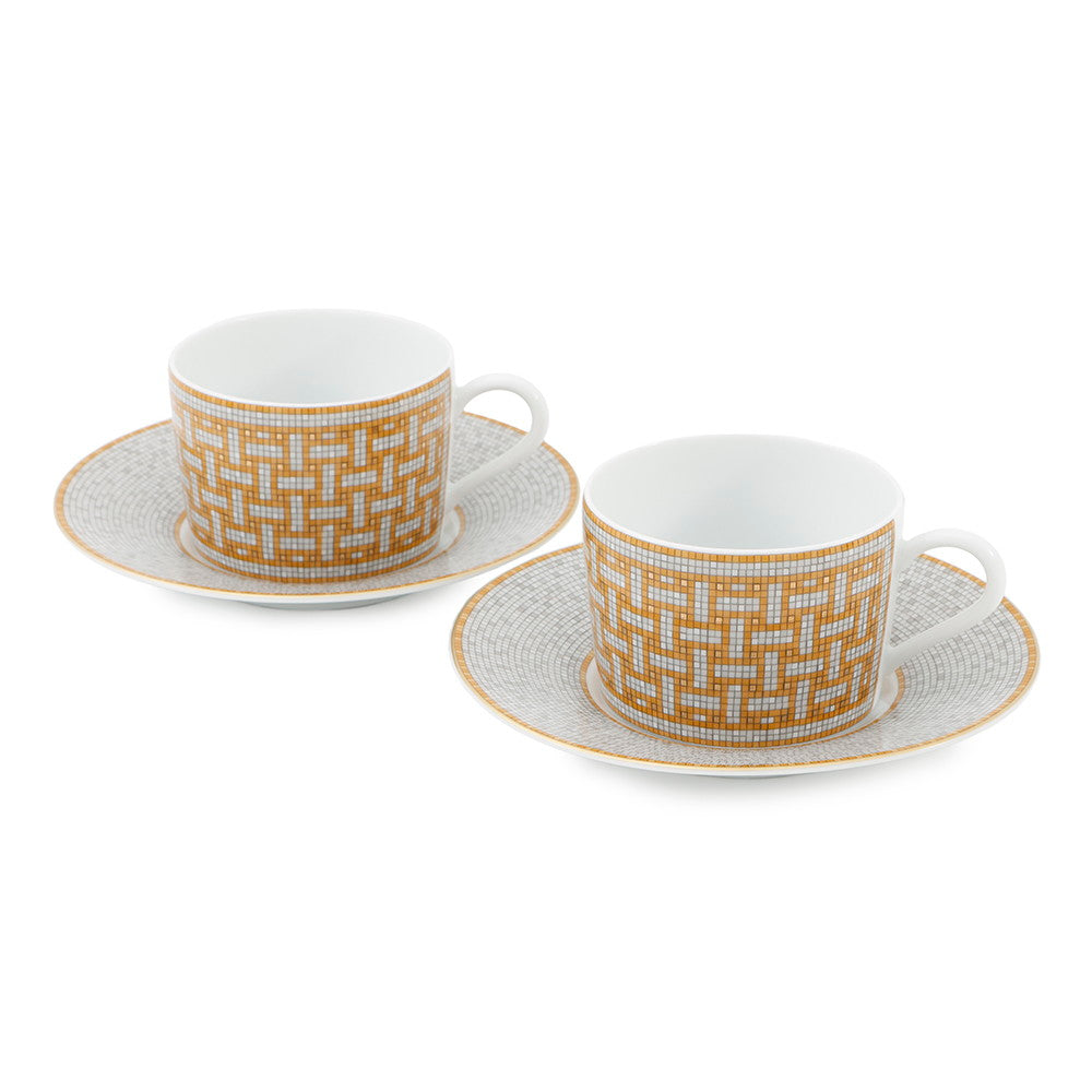 HERMES Mosaique24 Teacup & Saucer Set of 2 White/Gold Porcelain