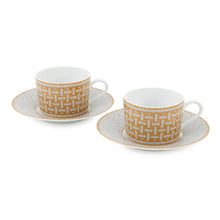 将图像加载到图库查看器中，HERMES Mosaique24 Teacup &amp; Saucer Set of 2 White/Gold Porcelain
