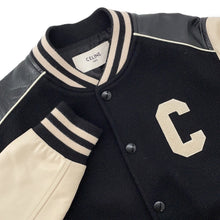 将图像加载到图库查看器中，CELINE Leather Stadium Jacket Size 48 Black/White2V56D896C Wool 90% Nylon 10% Leather: Sheep Leather
