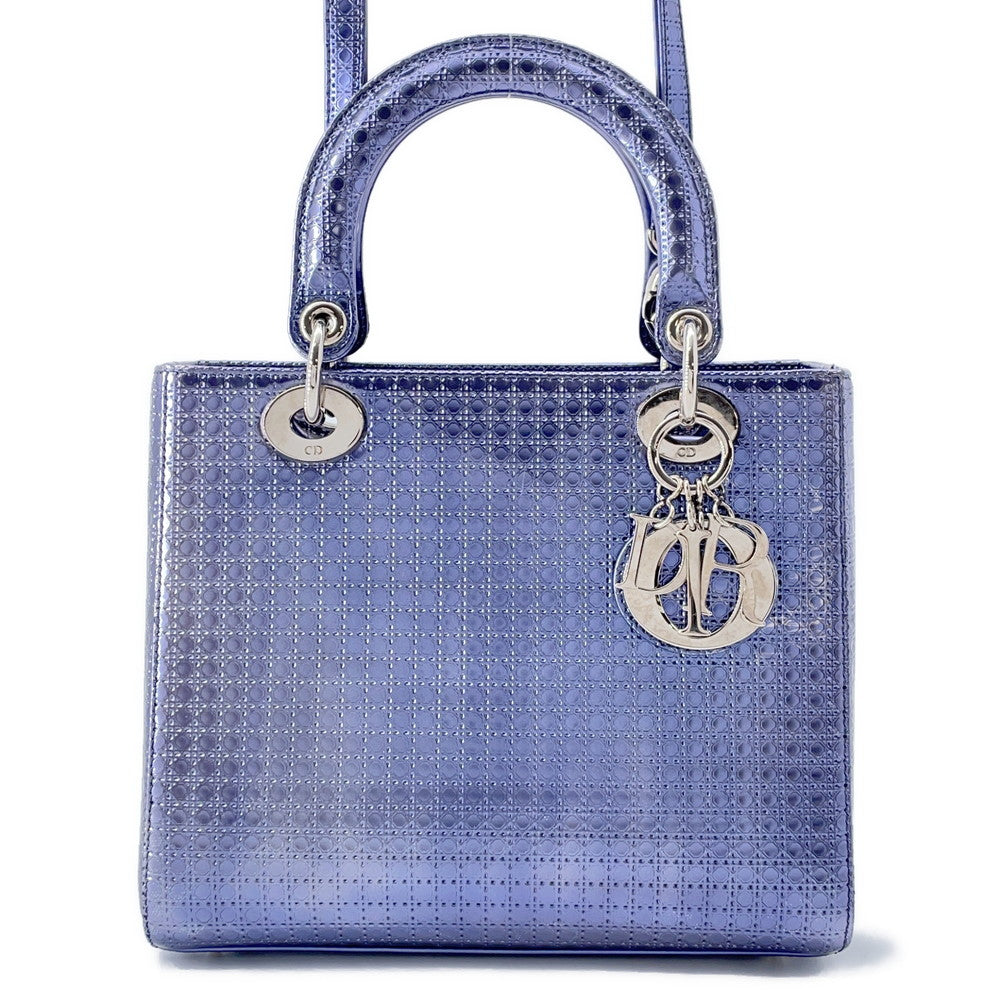 Dior Lady Dior 2WAY Handbag MetalicPurple Leather Size Medium