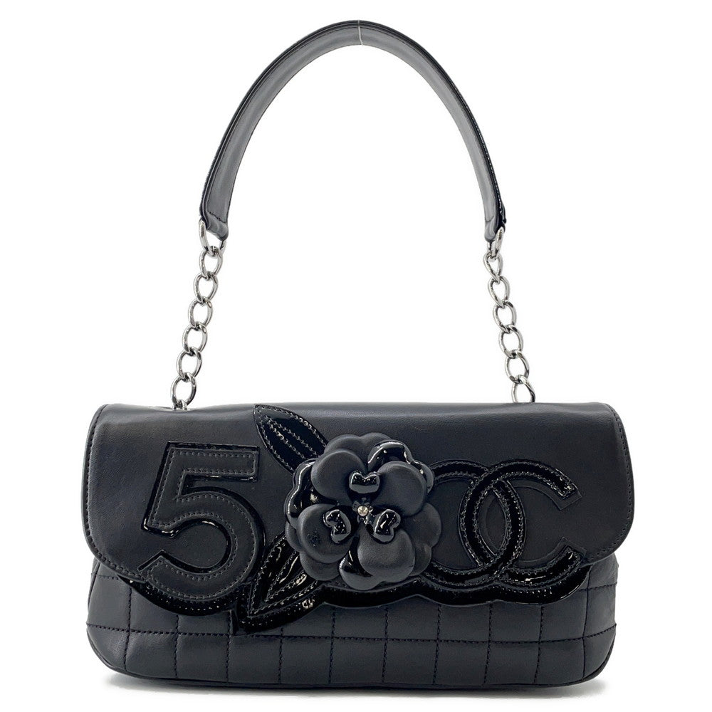 CHANEL Camellia Chocolate Bar No.5 One Shoulder Bag Black Lambskin Patent Leather