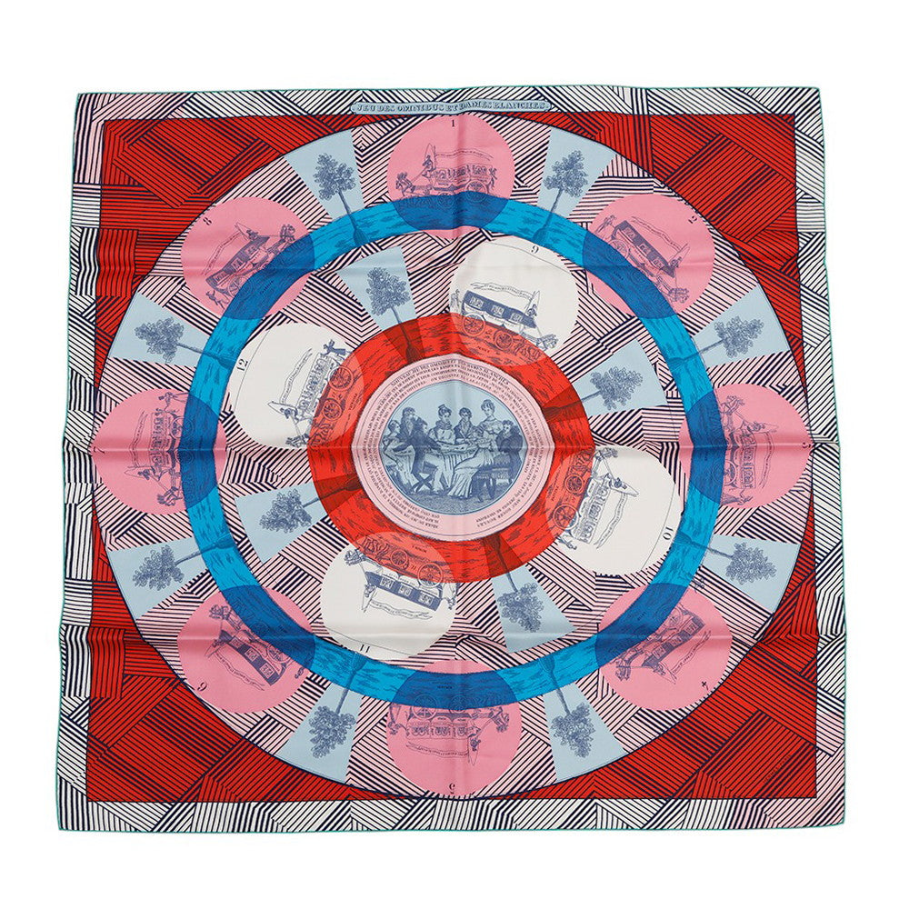 HERMES Scarf Carre Jeu des omnibus et damesBlanches Omnibus White Lady Game Size 90 Pink/Blue/Red Silk 100%