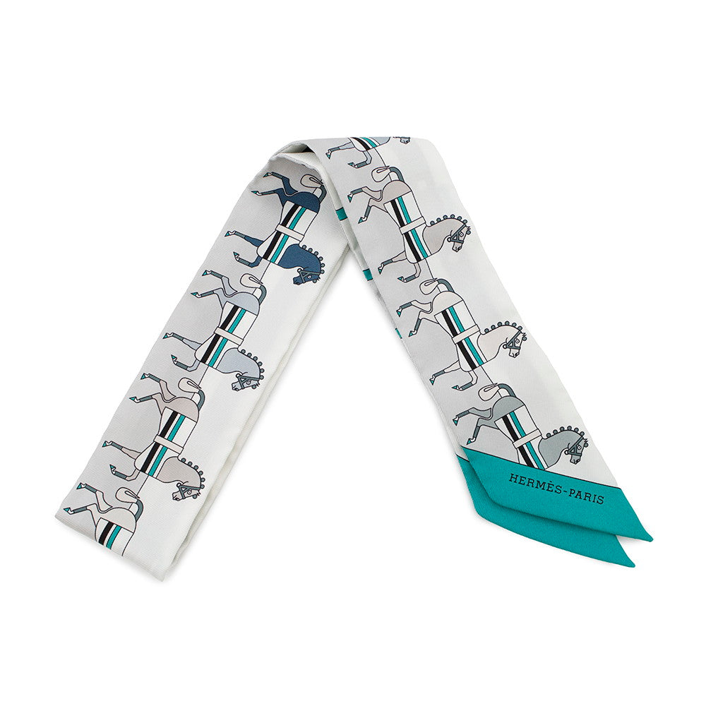 HERMES Scarf Twilly Rocabar Green/White Silk 100%