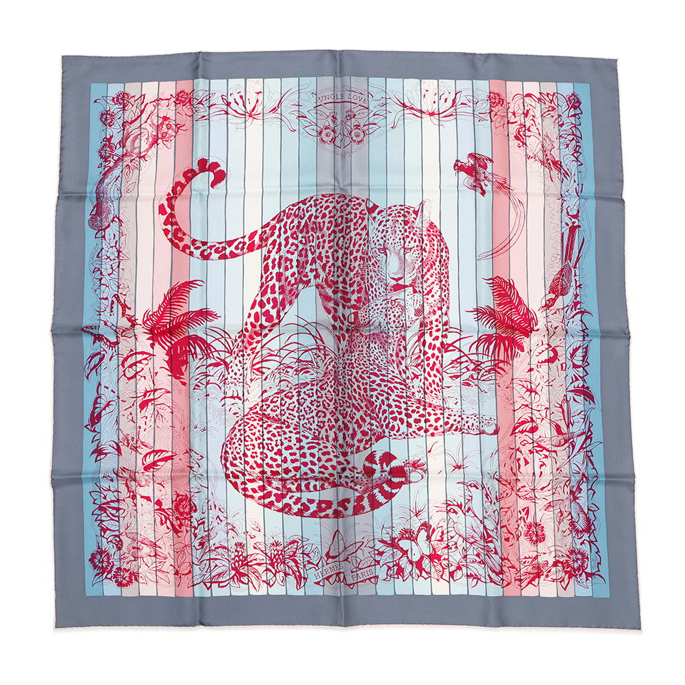 HERMES Carre JUNGLE LOVE RAINBOW Size 90 Blue/Rose/Grease003369S Silk100%