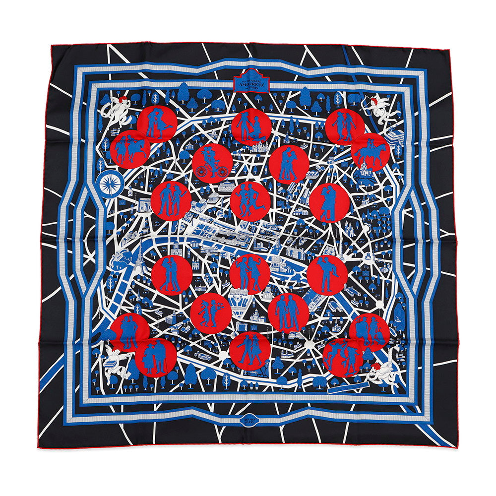 HERMES Carre LES NOUVEAUX AMOUREUX FE PARIS Size 90 Black/Blue/Red Silk100%