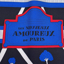 Load image into Gallery viewer, HERMES Carre LES NOUVEAUX AMOUREUX FE PARIS Size 90 Black/Blue/Red Silk100%
