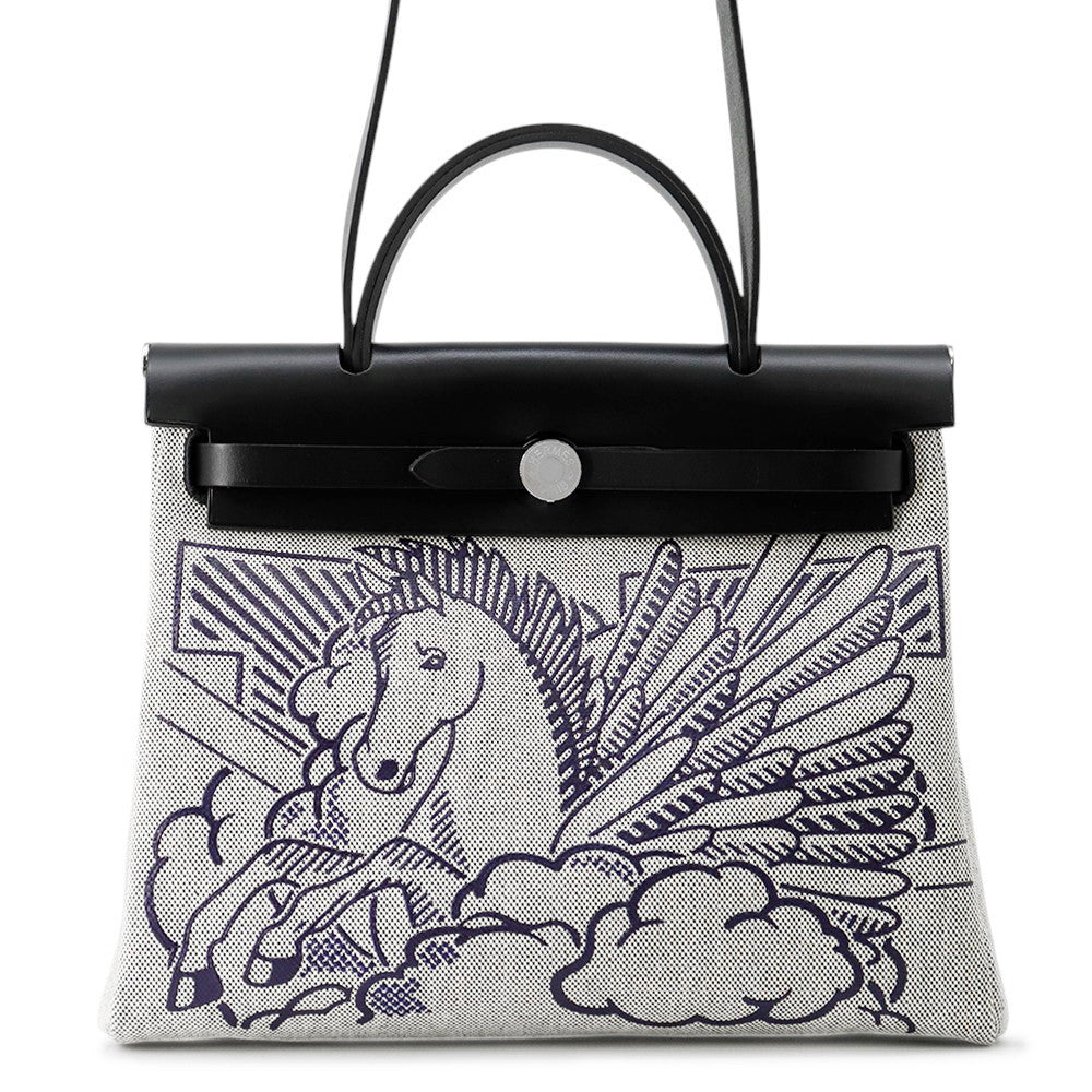 HERMES Herbag Zip Pegasus Pop Black/Blue Indigo/Ecru Toile H Vache Hunter Leather Size PM/31
