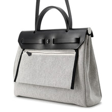 将图像加载到图库查看器中，HERMES Herbag Zip Pegasus Pop Black/Blue Indigo/Ecru Toile H Vache Hunter Leather Size PM/31
