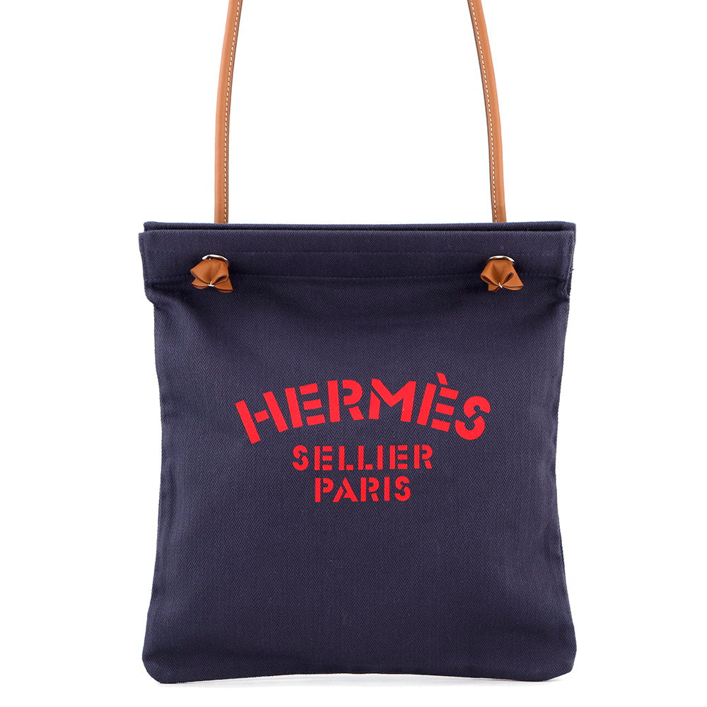 HERMES Sac Aline Blue Indigo/Gold Toile Chevrons Barenia Leather Size MM