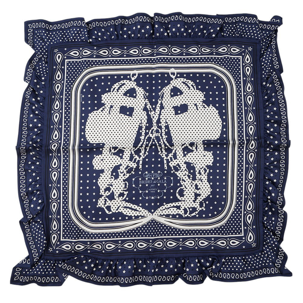 HERMES Carre Bandana Frill Bride de Gala Dot Size 70 Marine Fonce/Black Silk100%