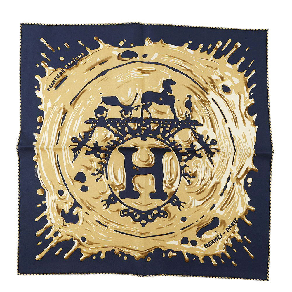 HERMES Gavroche Scarf Freshly Painted Size 45 Blue Noir/BronzeH892685S Silk100%