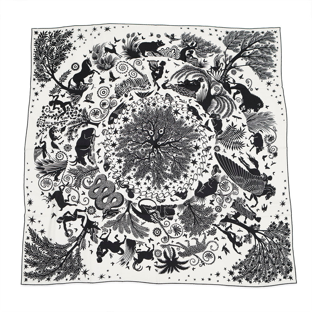 HERMES Giant Square Sous le Charme d'Orphee Be seduced by the charm of Orpheus Size 140 White/Black Cashmere70% Silk30%