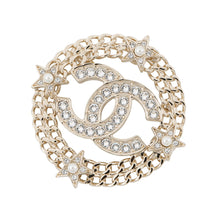 Load image into Gallery viewer, CHANEL CC Logo Round Star Brooch Champagne Gold Gold Plated Rhinestone Faux Pearl
