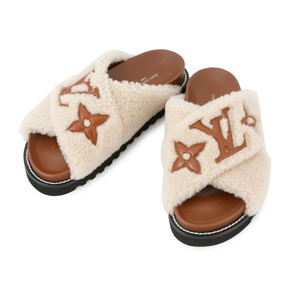 LOUIS VUITTON Paseo Flat Comfort Mules Nude1AA1VY Shearling Leather Size 37