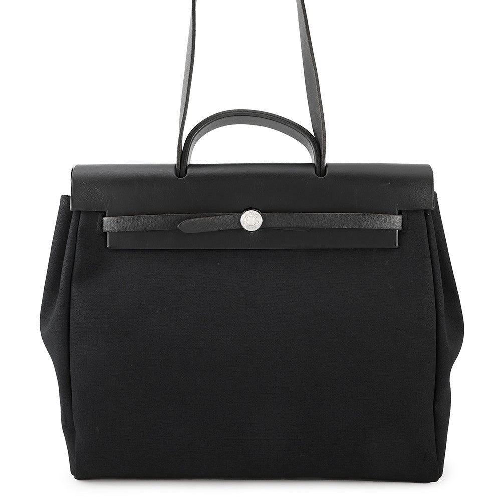 HERMES Herbag Black Toile Officier Leather
