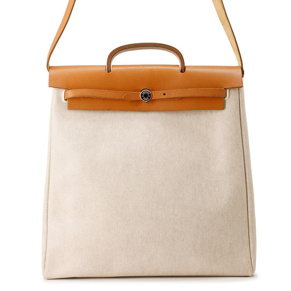 HERMES Herbag Natural Toile H Vache Hunter Leather Size MM