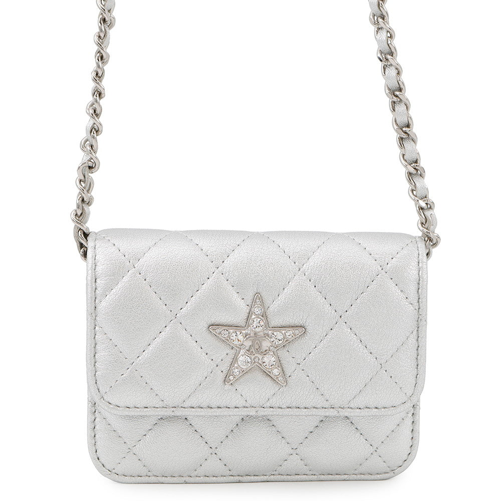 CHANEL Novelty Matelasse Chain Pouch Silver Lambskin