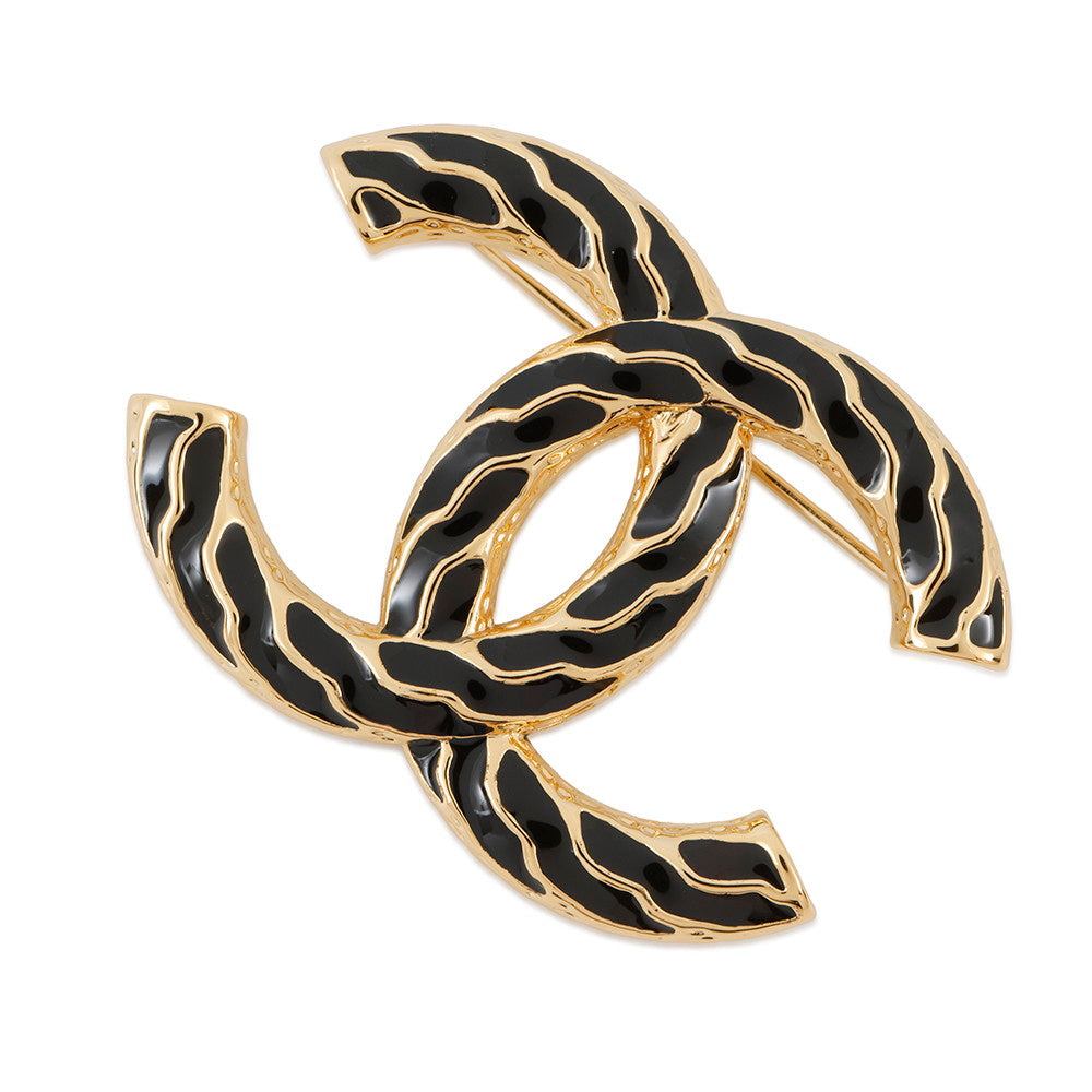 CHANEL CC Logo Brooch Black Gold Plated