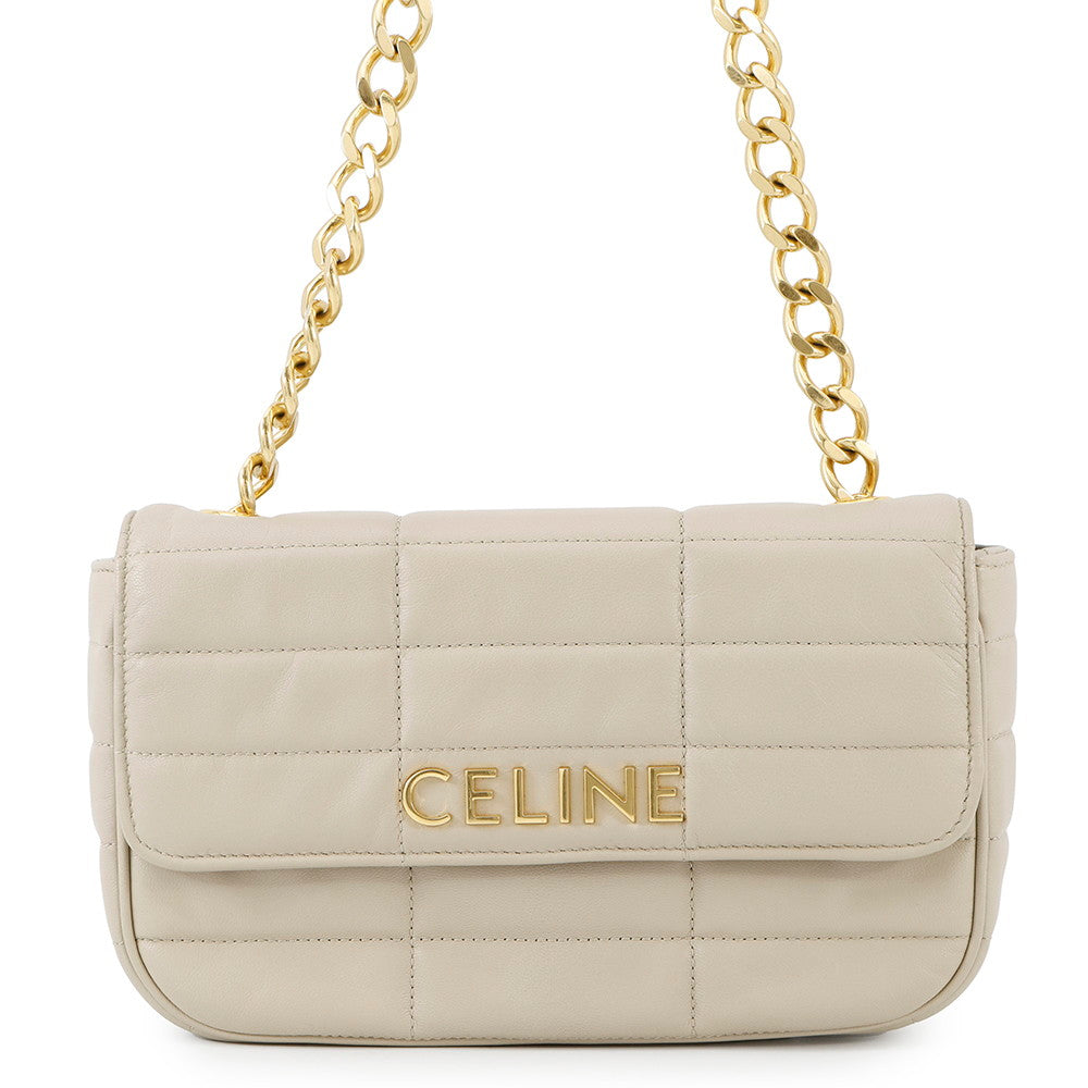 CELINE Matelasse Mono Chrome Chainshoulder Bag Greige111273 Leather