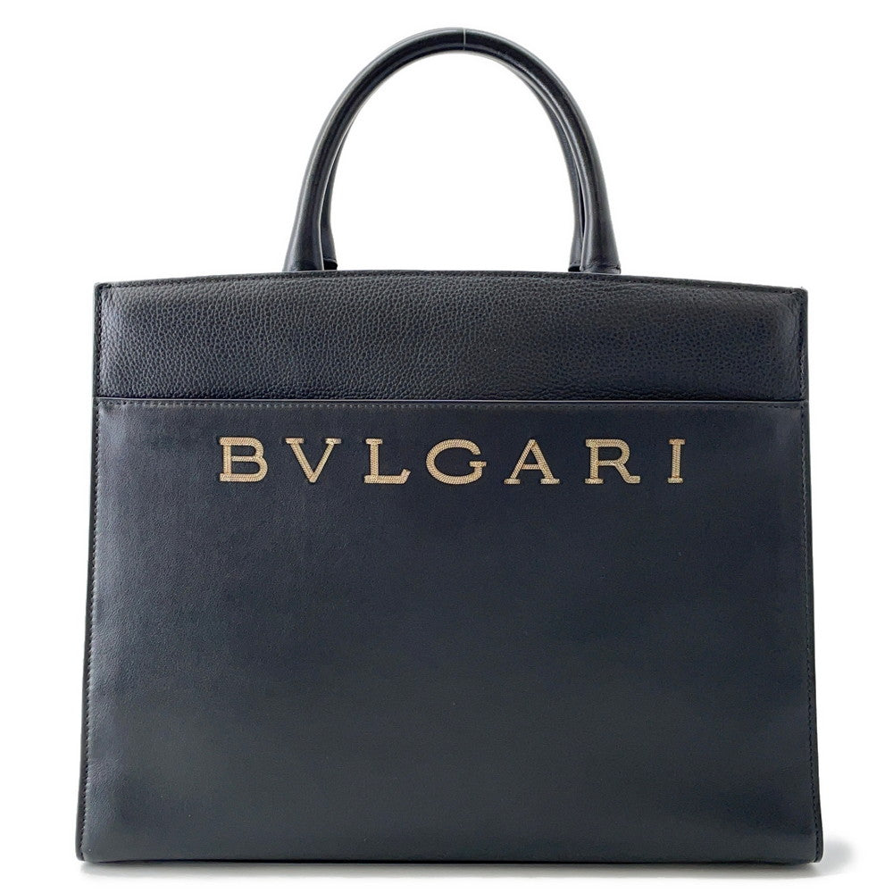 BVLGARI Logo Tote Bag Black Leather
