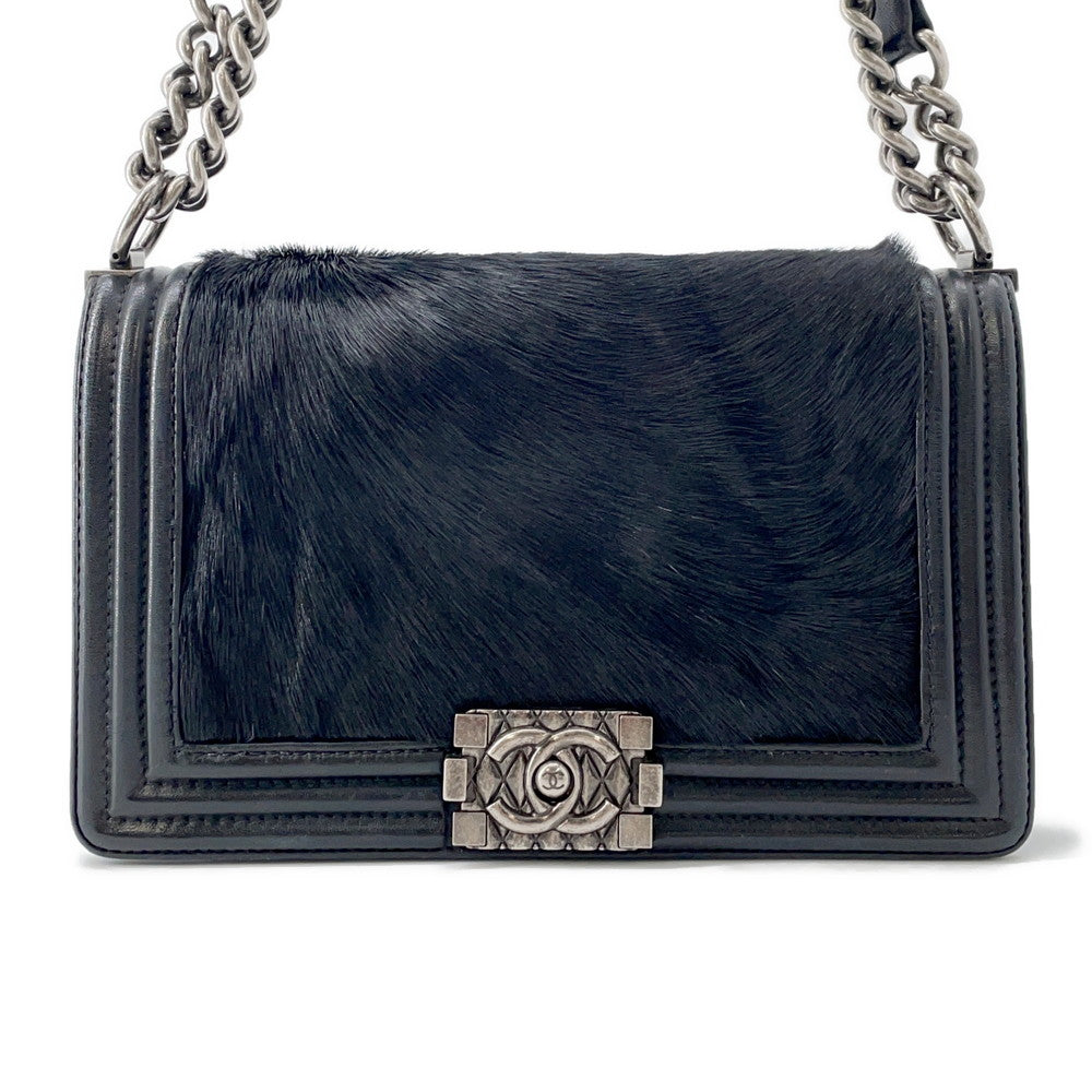 CHANEL Boy Chanel ChainShoulder Bag Black Leather Fur Size 25