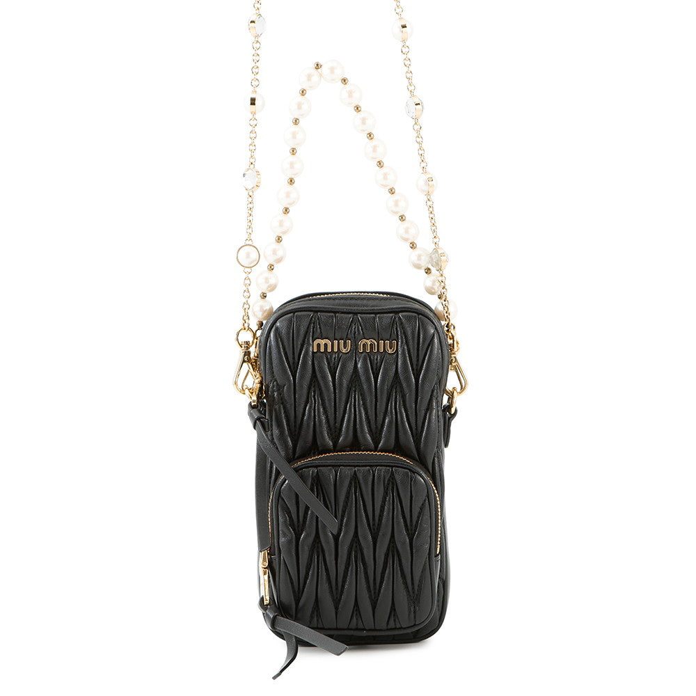 MIUMIU Matelasse Pearl Chain Crystal Shoulder Pouch Black5BP066 Leather