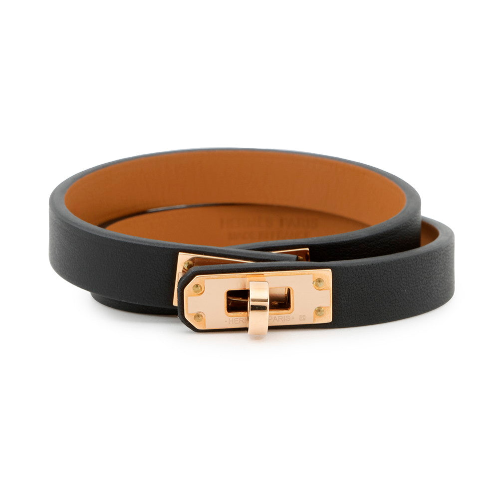 HERMES Double Tour Bracelet Size T2 Black Swift Leather