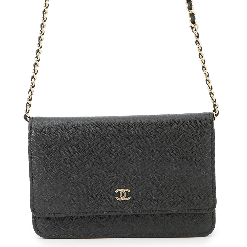 CHANEL Camellia Chain Wallet BlackA47421 Caviar Leather